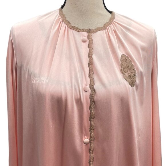 Vanity Fair Vtg 1970's Pink Whisper Lace Accent Satin Ensemble Slip & Robe Set - Picture 10 of 13